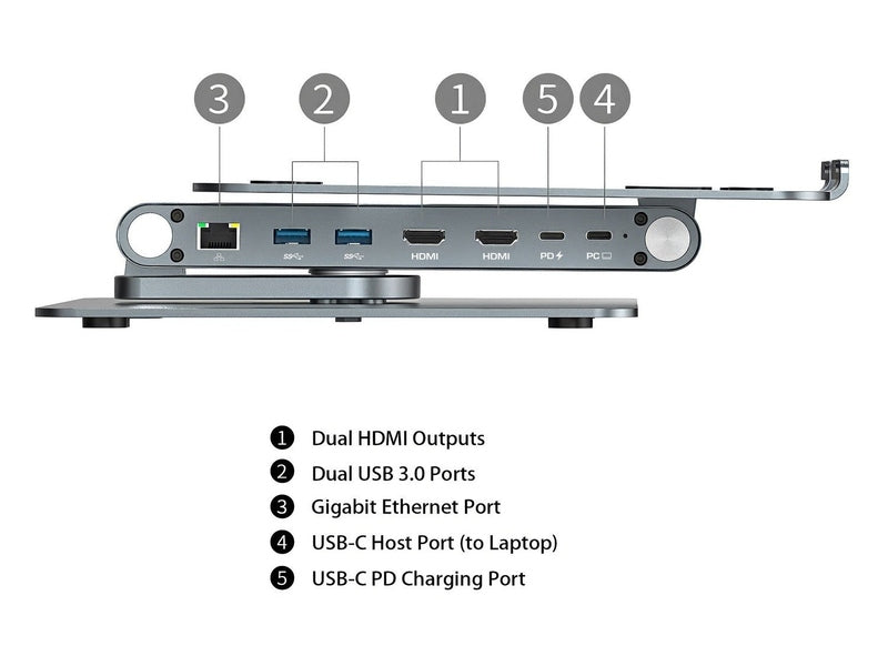 Simplecom CHT660 Adjustable Aluminium Laptop Stand with 6-Port USB-C Docking Station Dual 4K HDMI Display Compatible with laptops from 10 to 17 inches