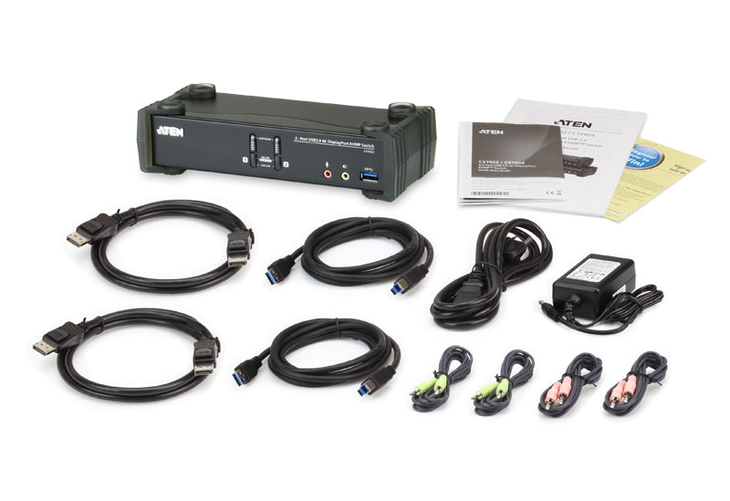Aten Desktop KVMP Switch 2 Port Single Display 4k DisplayPort w/ audio, Cables Included, 2x USB Port