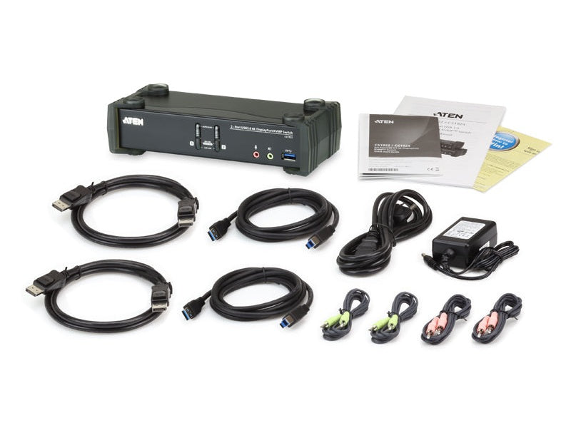 Aten Desktop KVMP Switch 2 Port Single Display 4k DisplayPort w/ audio, Cables Included, 2x USB Port