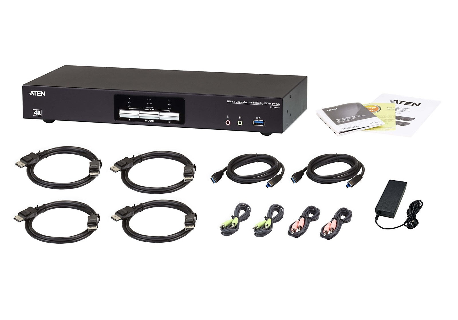 Aten Desktop KVMP Switch 2 Port Dual Display 4k DisplayPort w/ audio, Cables Included, 2x USB Port