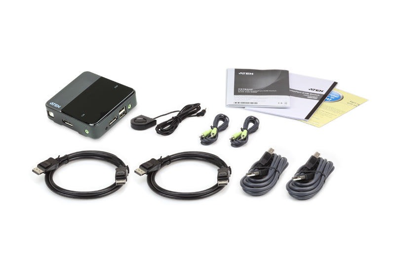 Aten Slim KVM Switch 2 Port Single Display DisplayPort w/ audio, Cables Included