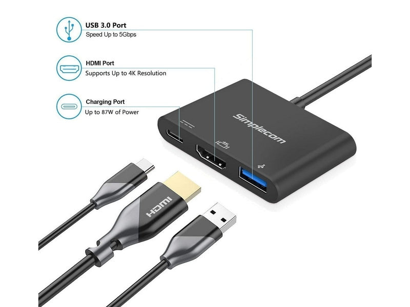 Simplecom DA310 USB 3.1 Type C to HDMI USB 3.0 Adapter with PD Charging Support DP Alt Mode and Nintendo Switch