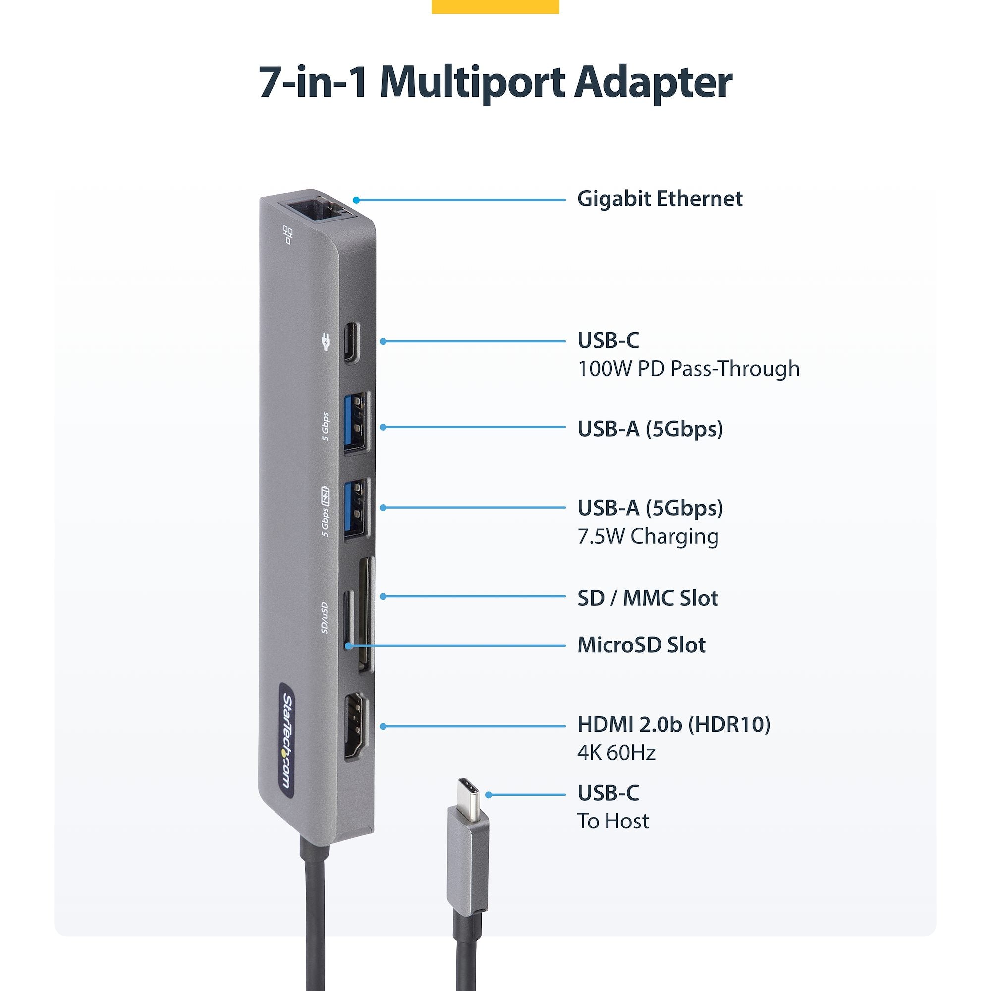 StarTech USB-C Multiport Adapter - HDMI, GbE, SD, Micro SD, USB-C, USB 2 , 88W, 3Yr