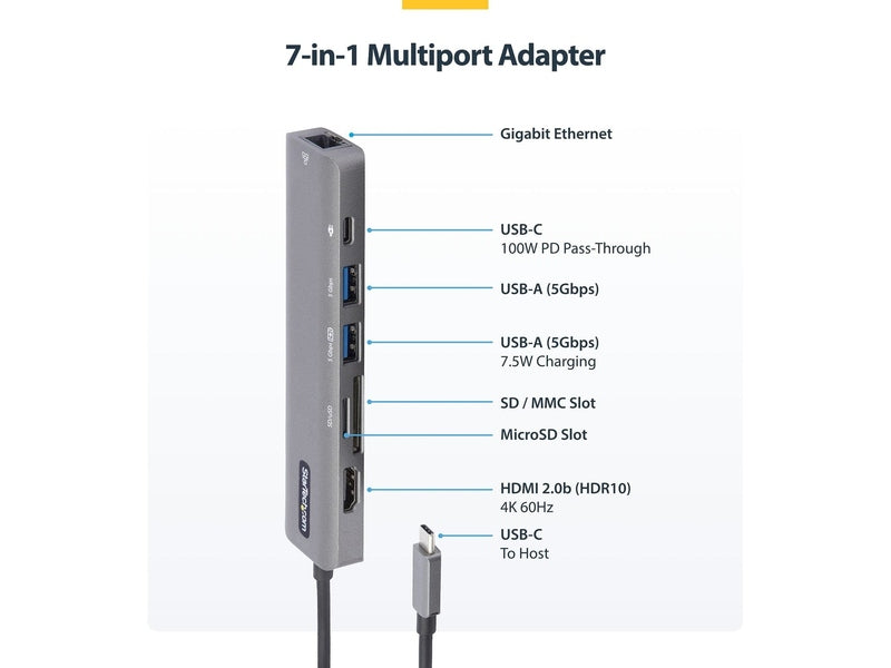 StarTech USB-C Multiport Adapter - HDMI, GbE, SD, Micro SD, USB-C, USB 2 , 88W, 3Yr