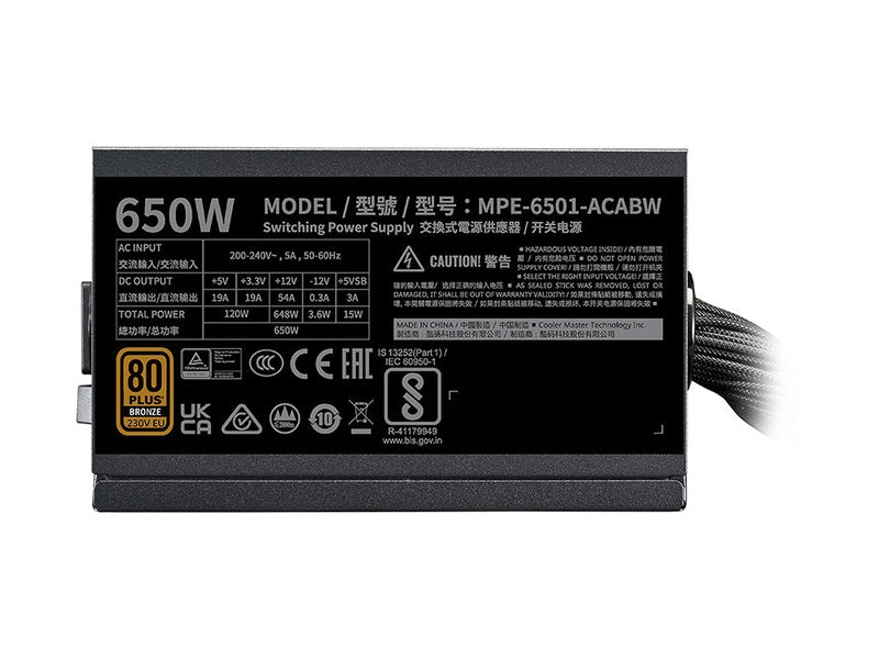 Cooler Master MWE 650W 80+ Bronze, ATX 3.1, 120mm Fan, Black Flat Cable, 5-Year Warranty