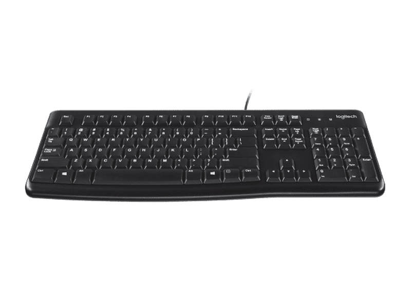 Logitech K120 Wired Keyboard Quiet typing Spill-resistant Durable keys Thin profile Curved space bar Adjustable tilt legs