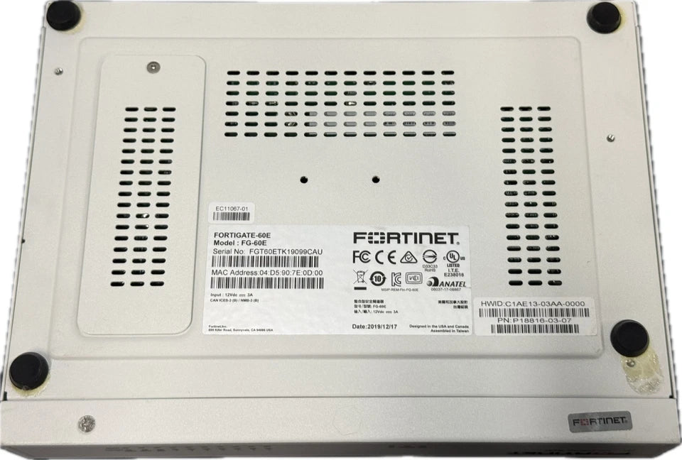**Used/Refurbished** Fortinet FortiGate 60E 10 x GE RJ45 ports 7 x Internal Ports, 2 x WAN Ports, 1 x DMZ Ports