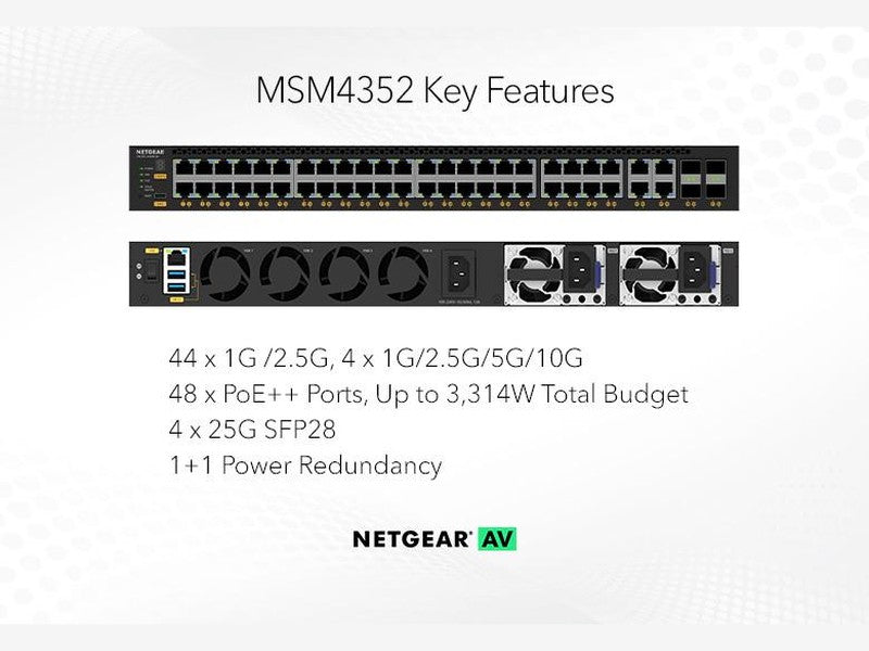 Netgear MSM4352-100AJS 44x2.5G, 4x10G/Multi-gig PoE++ 194W base, up to 3,314W and 4xSFP28 25G Managed Switch