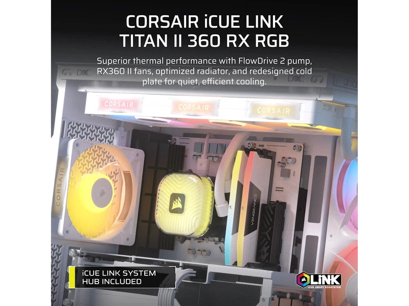 CORSAIR iCUE LINK TITAN II 360 RX RGB - White, 360mm AIO, FlowDrive Gen 2, RX II Fan, RGB, Copper Coldplate, AM5/AM4, LGA1851/1700