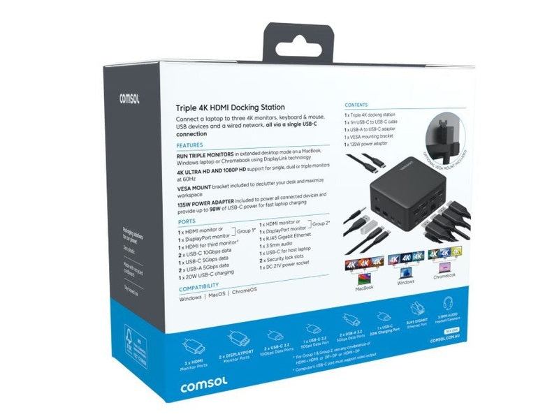 Comsol Universal Dock, USB-C, Triple 4K, 98W, HDMI 3 DP 2 USB-A 2 , 2YR WTY - DS34HDVS
