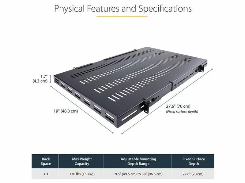 StarTech 1U Adjustable Mounting Depth Vented Rack Mount Shelf - Heavy Duty Fixed Rack Shelf - 250lbs / 113kg