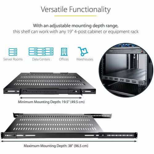 StarTech 1U Adjustable Mounting Depth Vented Rack Mount Shelf - Heavy Duty Fixed Rack Shelf - 250lbs / 113kg