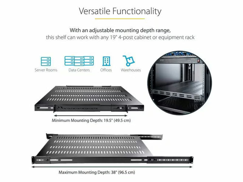 StarTech 1U Adjustable Mounting Depth Vented Rack Mount Shelf - Heavy Duty Fixed Rack Shelf - 250lbs / 113kg
