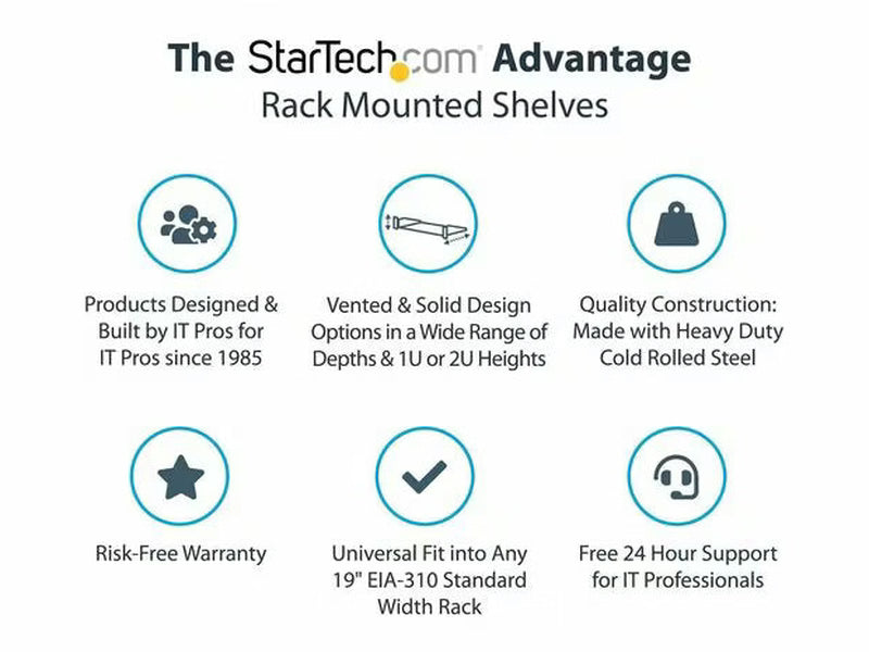 StarTech 1U Server Rack Shelf, Universal Rack Mount Cantilever Tray for 19" Network Equipment Rack, Heavy Duty Steel, 7" 17.8cm Deep