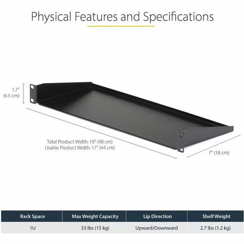 StarTech 1U Server Rack Shelf, Universal Rack Mount Cantilever Tray for 19" Network Equipment Rack, Heavy Duty Steel, 7" (17.8cm) Deep
