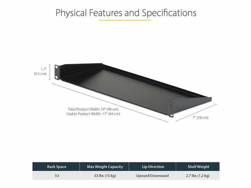 StarTech 1U Server Rack Shelf, Universal Rack Mount Cantilever Tray for 19" Network Equipment Rack, Heavy Duty Steel, 7" 17.8cm Deep