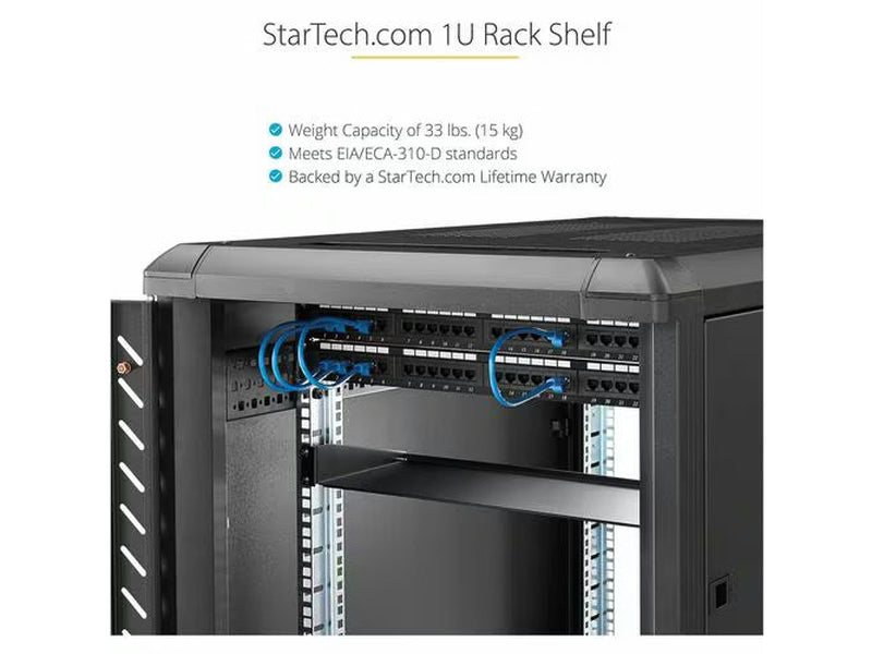 StarTech 1U Server Rack Shelf, Universal Rack Mount Cantilever Tray for 19" Network Equipment Rack, Heavy Duty Steel, 7" 17.8cm Deep