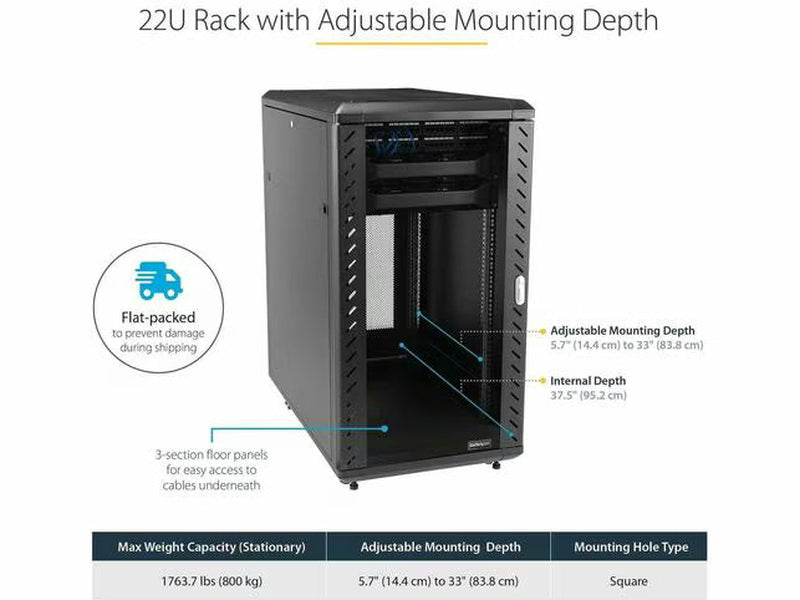 StarTech 22U 36in Knock-Down Server Rack Cabinet with Casters