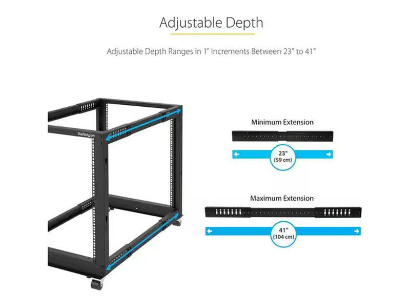 StarTech 25U Adjustable Depth Open Frame 4 Post Server Rack w/ Casters / Levelers and Cable ManagementHooks