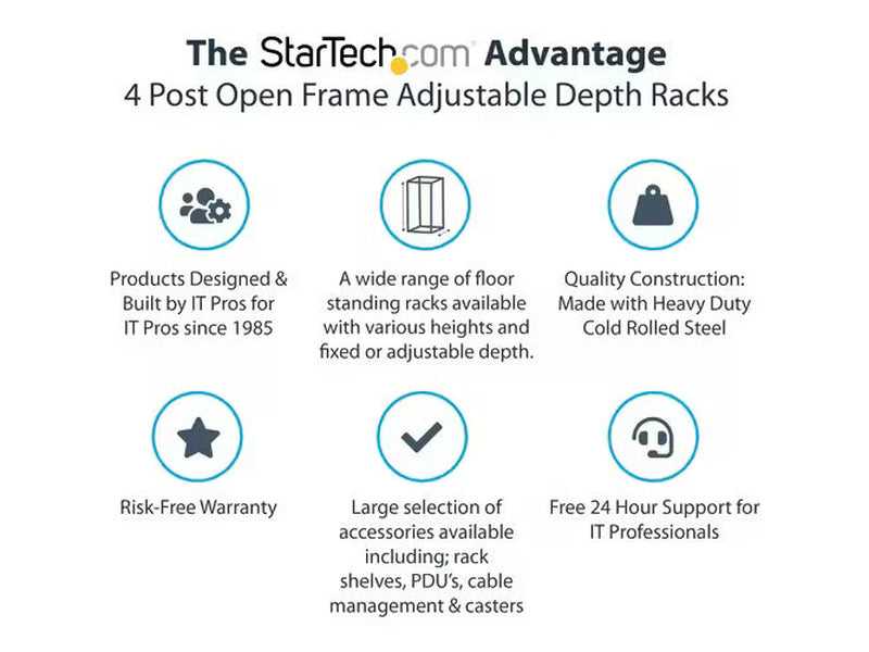 StarTech 25U Adjustable Depth Open Frame 4 Post Server Rack w/ Casters / Levelers and Cable ManagementHooks
