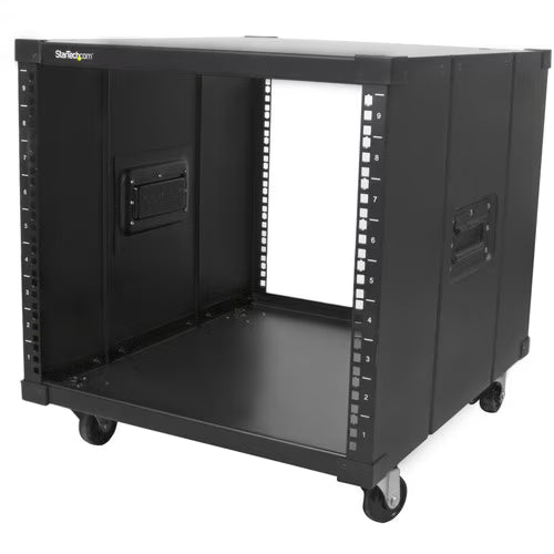 StarTech 4-Post 9U Mobile Open Frame Server Rack, 19" Network Rolling Rack for Narrow Spaces, Small Data Rack with Casters