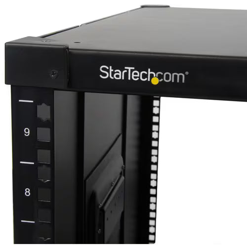 StarTech 4-Post 9U Mobile Open Frame Server Rack, 19" Network Rolling Rack for Narrow Spaces, Small Data Rack with Casters