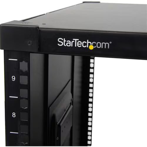 StarTech 4-Post 9U Mobile Open Frame Server Rack, 19" Network Rolling Rack for Narrow Spaces, Small Data Rack with Casters