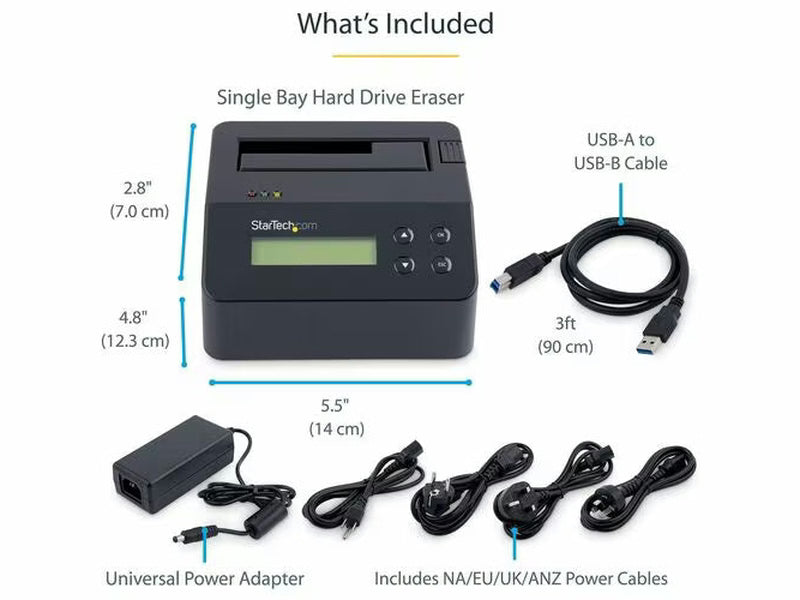 StarTech Single Bay SSD/HDD Hard Drive Eraser, 2.5"/3.5" , Standalone Wiper, Disk Sanitizer, Hardware Wiper Erasing Tool