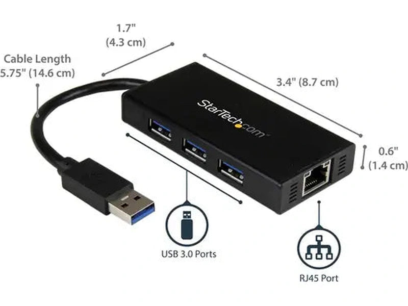 StarTech 3 Port Portable USB 3.0 Hub with Gigabit Ethernet Adapter NIC - 5Gbps