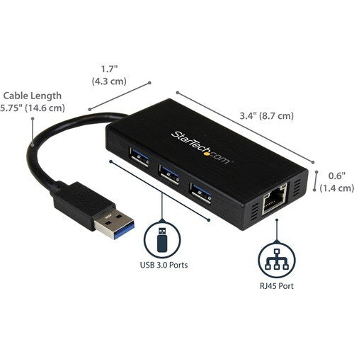 StarTech 3 Port Portable USB 3.0 Hub with Gigabit Ethernet Adapter NIC - 5Gbps
