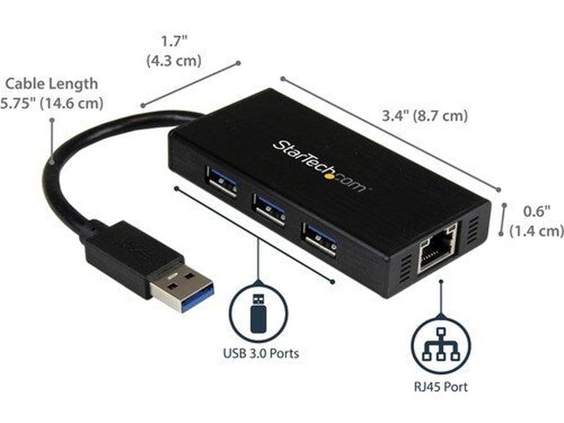 StarTech 3 Port Portable USB 3.0 Hub with Gigabit Ethernet Adapter NIC - 5Gbps