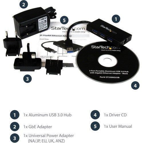 StarTech 3 Port Portable USB 3.0 Hub with Gigabit Ethernet Adapter NIC - 5Gbps