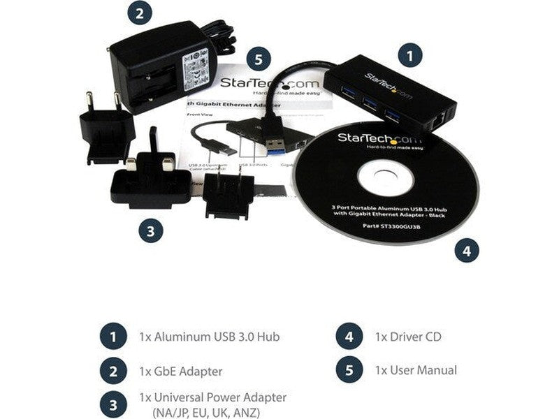 StarTech 3 Port Portable USB 3.0 Hub with Gigabit Ethernet Adapter NIC - 5Gbps