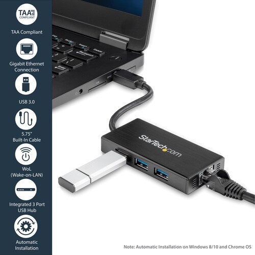 StarTech 3 Port Portable USB 3.0 Hub with Gigabit Ethernet Adapter NIC - 5Gbps