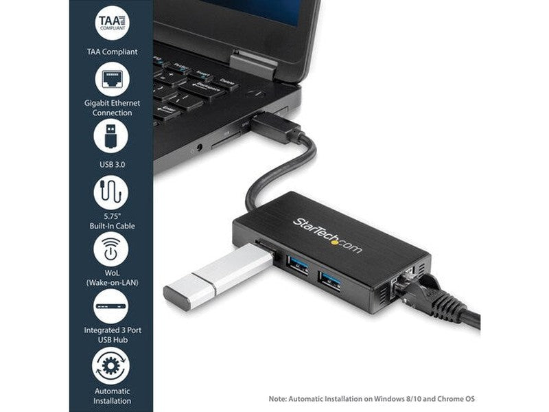 StarTech 3 Port Portable USB 3.0 Hub with Gigabit Ethernet Adapter NIC - 5Gbps