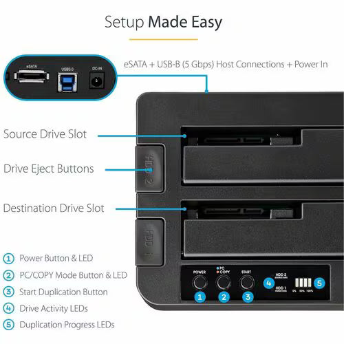 StarTech eSATA / USB 3.0 Hard Drive Duplicator Dock – Standalone HDD Cloner with SATA 6Gbps for fast-speedduplication
