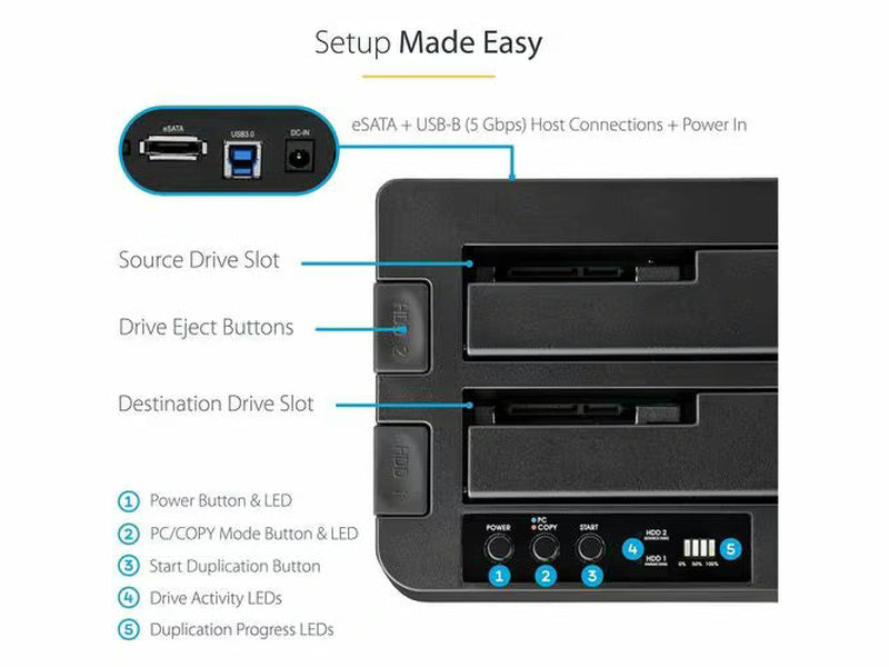 StarTech eSATA / USB 3.0 Hard Drive Duplicator Dock – Standalone HDD Cloner with SATA 6Gbps for fast-speedduplication