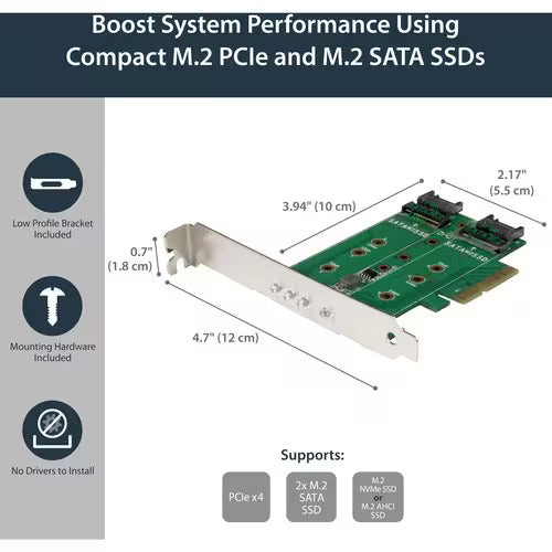StarTech 3-Port M.2 SSD NGFF Adapter Card - 1 x PCIe NVMe M.2, 2 x SATA III M.2 - PCIe 3.0