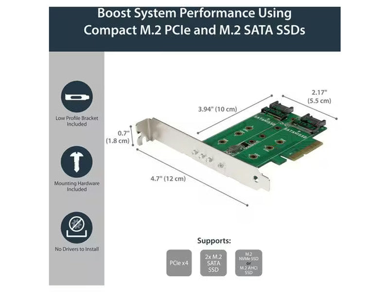 StarTech 3-Port M.2 SSD NGFF Adapter Card - 1 x PCIe NVMe M.2, 2 x SATA III M.2 - PCIe 3.0