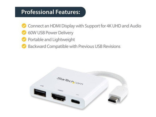 StarTech USB-C to 4K HDMI Multifunction Adapter withPower Delivery and USB-A Port - White