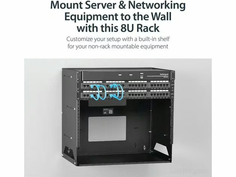 StarTech 2-Post 8U Open Frame Wall Mount Network Rack with Built-in Shelf and Adjustable Depth, Computer Rack for IT Equipment