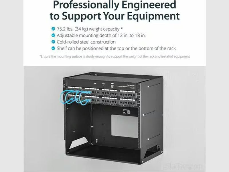 StarTech 2-Post 8U Open Frame Wall Mount Network Rack with Built-in Shelf and Adjustable Depth, Computer Rack for IT Equipment