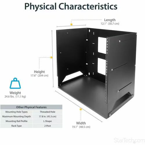 StarTech 2-Post 8U Open Frame Wall Mount Network Rack with Built-in Shelf and Adjustable Depth, Computer Rack for IT Equipment