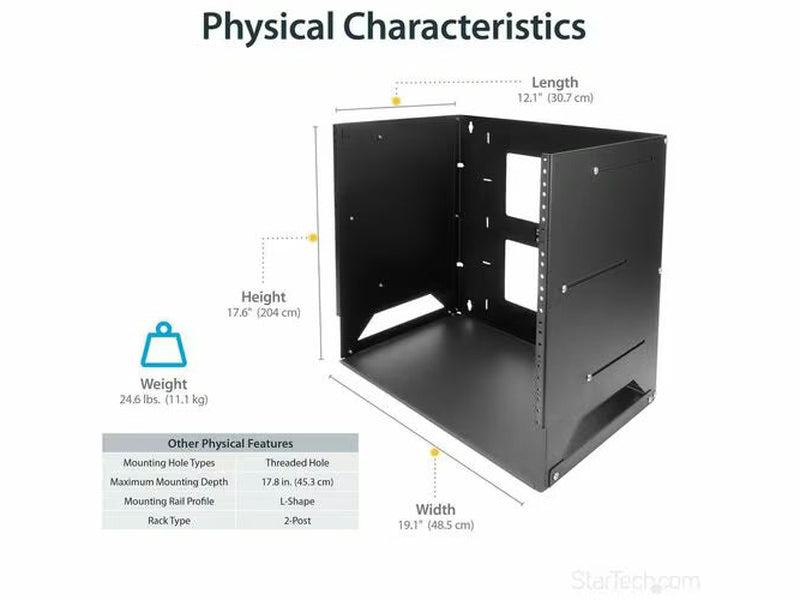 StarTech 2-Post 8U Open Frame Wall Mount Network Rack with Built-in Shelf and Adjustable Depth, Computer Rack for IT Equipment