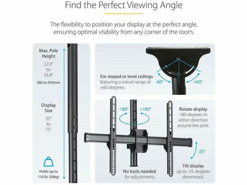 StarTech Flat-Screen TV Ceiling Mount, Full-Motion Hanging Single Screen Vesa Mount for 32"-75" TVs / Displays - Height Adjustable Telescopic Pole
