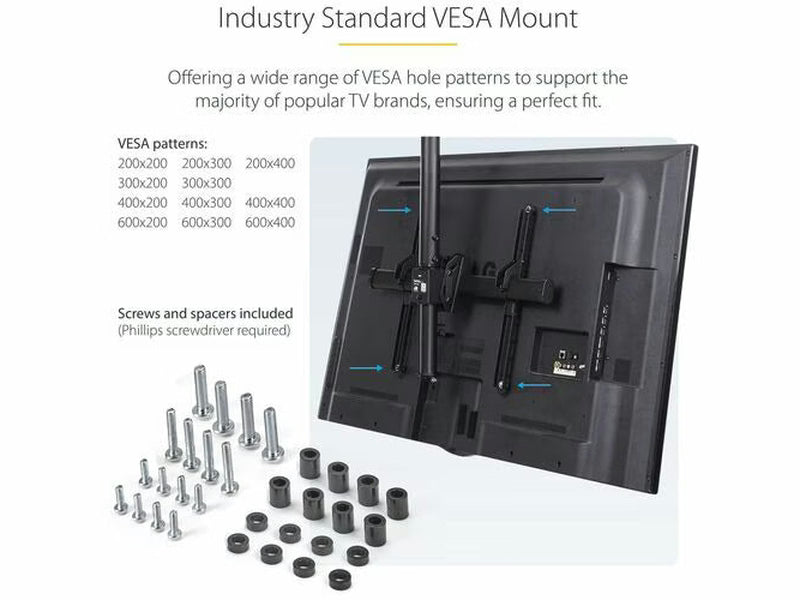 StarTech Flat-Screen TV Ceiling Mount, Full-Motion Hanging Single Screen Vesa Mount for 32"-75" TVs / Displays - Height Adjustable Telescopic Pole