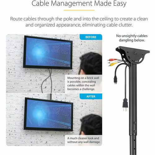 StarTech.com FLATPNLCEIL TV Ceiling Mount, Full-Motion Hanging Single Screen Vesa Mount for 32"-75" TVs / Displays - Height Adjustable Telescopic Pole