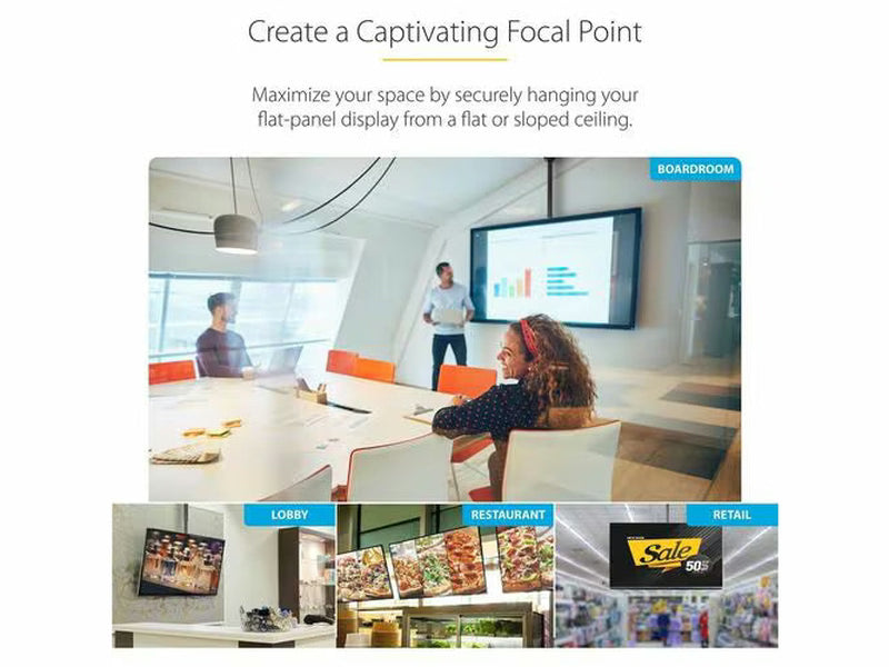 StarTech.com FLATPNLCEIL TV Ceiling Mount, Full-Motion Hanging Single Screen Vesa Mount for 32"-75" TVs / Displays - Height Adjustable Telescopic Pole