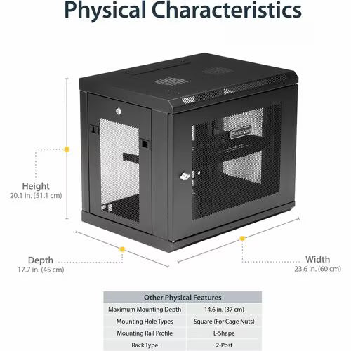 StarTech 2-Post 9U Wall Mount Network Cabinet, 19" Wall-Mounted Server Rack for Data / IT Equipment, Small Lockable Rack Enclosure