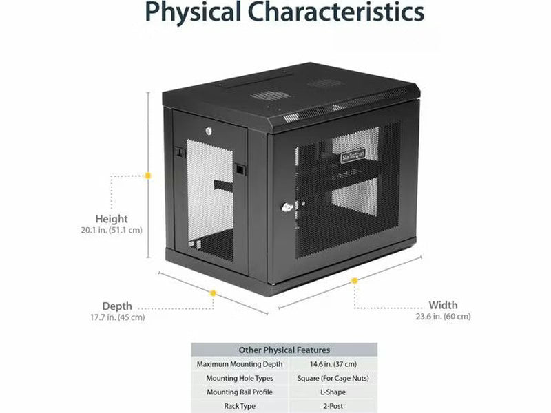 StarTech 2-Post 9U Wall Mount Network Cabinet, 19" Wall-Mounted Server Rack for Data / IT Equipment, Small Lockable Rack Enclosure